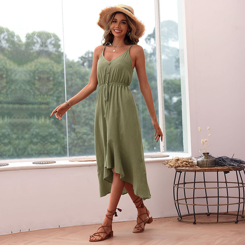 Casual Summer Dress Solid Color Irregular Hem Sleeveless Vacation Resort Wear Wholesale Available