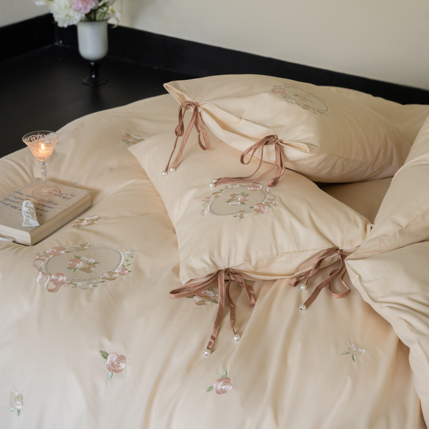 Autumn and Winter French Style 100S Long-Staple Cotton Thickened Brushed Four-Piece Set Floral Embroidery Pure Cotton Duvet Cover Bedding