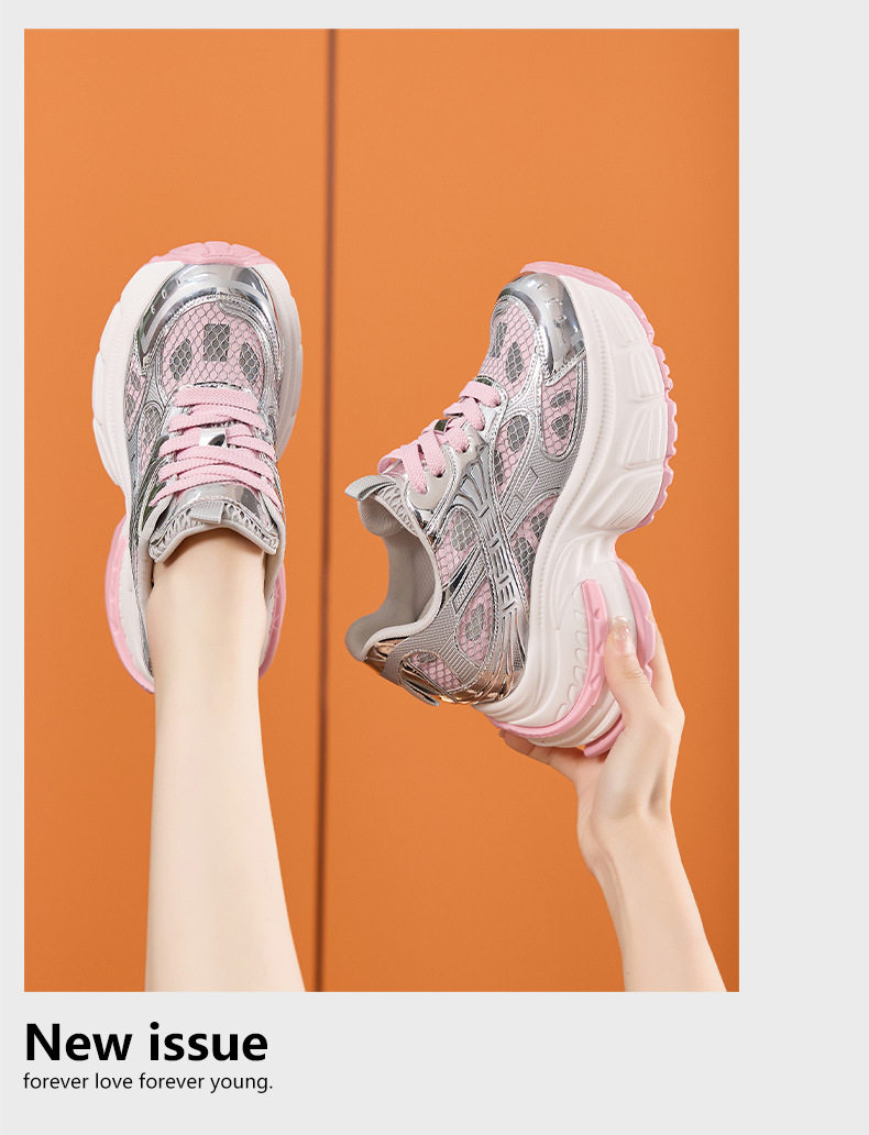 Giày sneaker nữ chunky đế dày mũi tròn, phong cách thể thao casual, đế cao 8 cm — Trắng, Hồng chi tiết 12