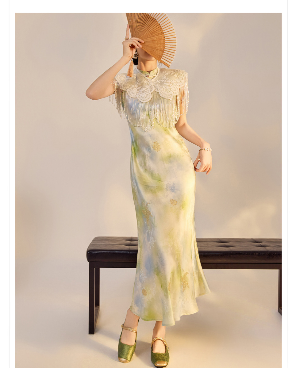 Đầm dáng sườn xám cổ đứng không tay họa tiết hoa in, ôm body thanh lịch — Màu xanh lam (giao hàng trong 7 ngày), Màu xanh lam (phát hành trong cùng ngày)