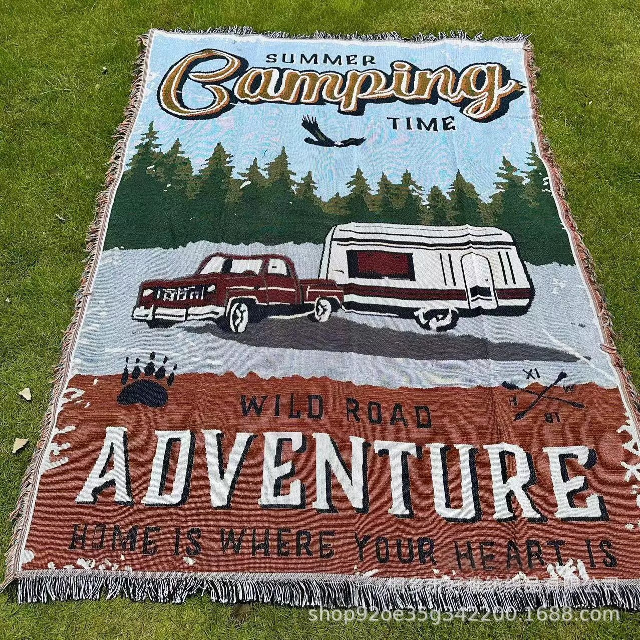 Cross-Border Customized Camping Blanket, Moisture-Proof Camping Mat, Jacquard Tapestry, Cartoon Style Sofa Towel, Thread Blanket, Multifunctional Sofa Blanket