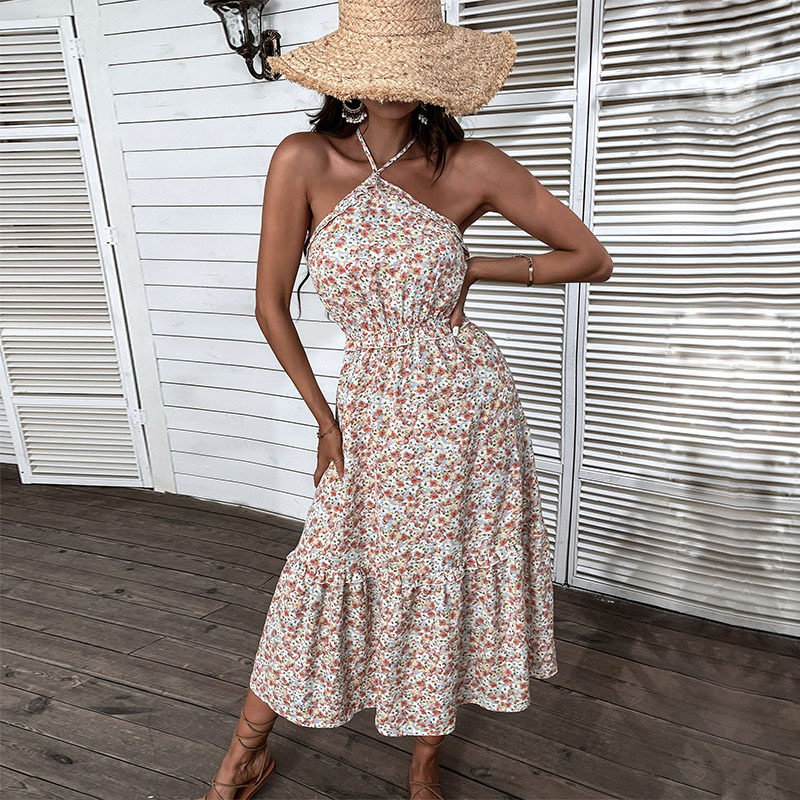 Floral Print Halter Dress Elegant Slim Fit Summer Style Perfect for Vacations and Casual Outings Wholesale Available