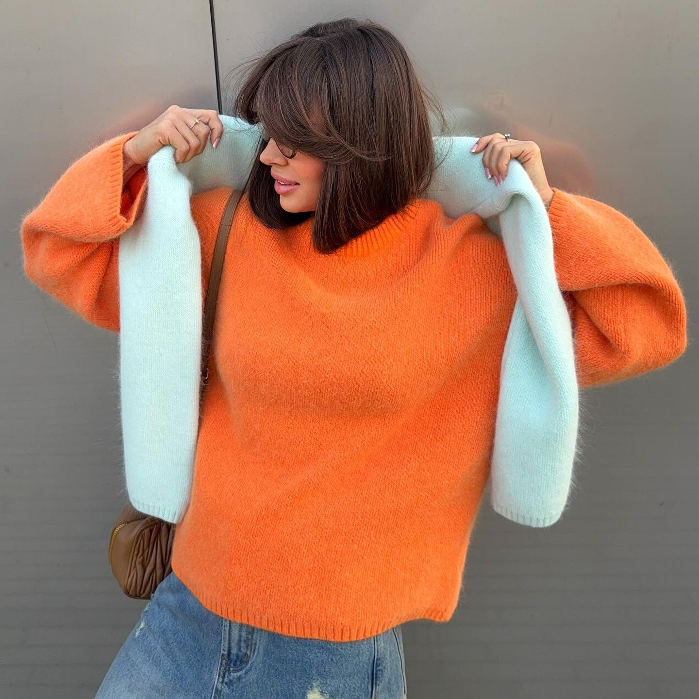 Womens Oversized Knit Sweater Round Neck Faux Mink Fabric Long Sleeve Casual Style Perfect for Spring and Autumn