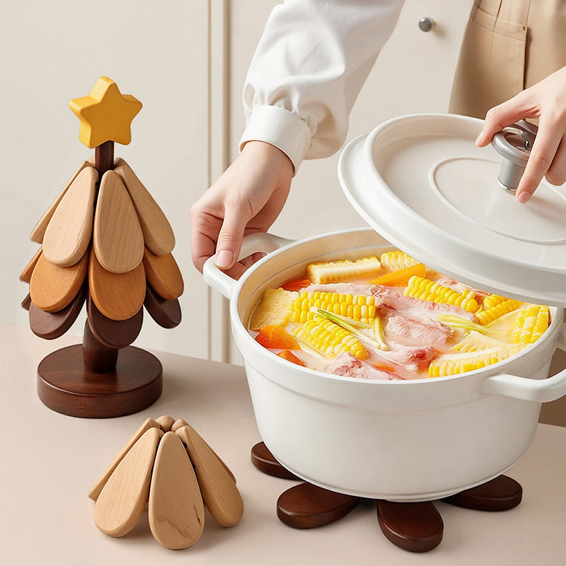 High-End Christmas Tree Heat Insulation Mat, Table Decoration, Creative Tree-Shaped Solid Wood Anti-Scalding Pot Mat, Foldable Coaster, Bowl Mat
