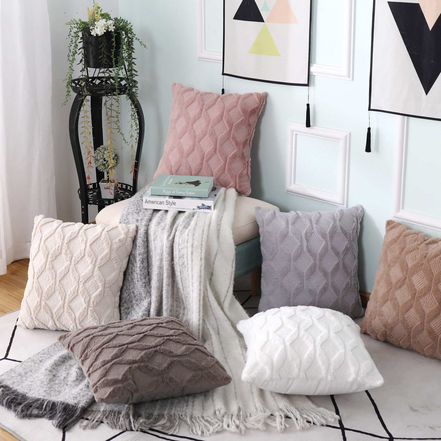 Pv Velvet Rhombus New Special Embroidered Geometric Plush Pillowcase Simple Pure Color Home Winter Sofa Pillowcase