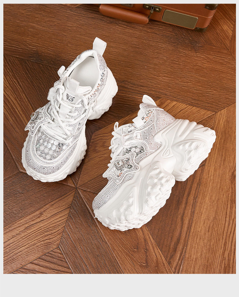 Giày sneaker nữ đế dày tăng chiều cao lưới thoáng khí dây buộc — Trắng, Bạc chi tiết 17