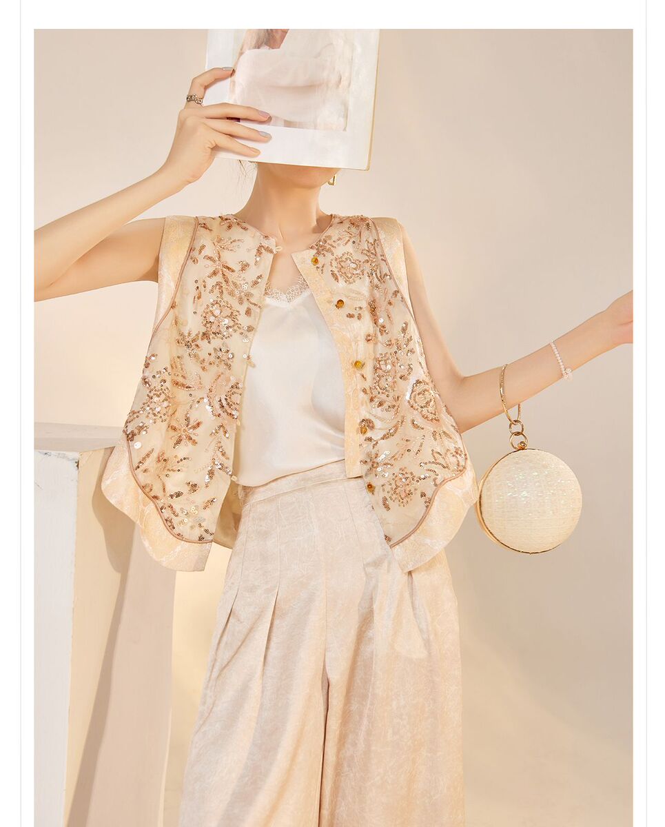 Set áo vest đính cườm thêu hoa kèm chân váy đuôi cá và quần dài nữ — Quần màu mơ (giao hàng trong 7 ngày), Áo vest đính cườm (giao hàng trong 7 ngày), Áo vest đính cườm (giao hàng trong ngày)