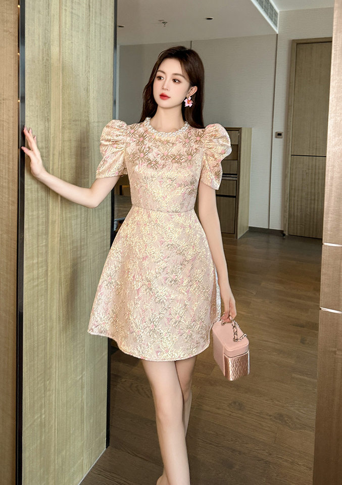 Đầm suông nữ midi cổ tròn tay bồng họa tiết hoa nhí phong cách Pháp — [Hồng sâm banh] chi tiết 8