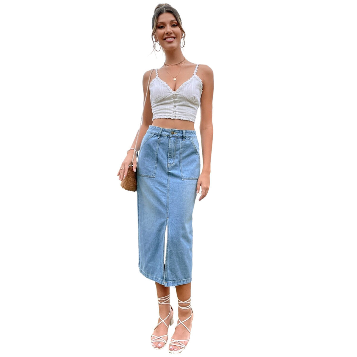 A Line Split Hem Denim Skirt Elegant Design High Waist Comfortable Fit Casual Wear Spring Summer Wholesale