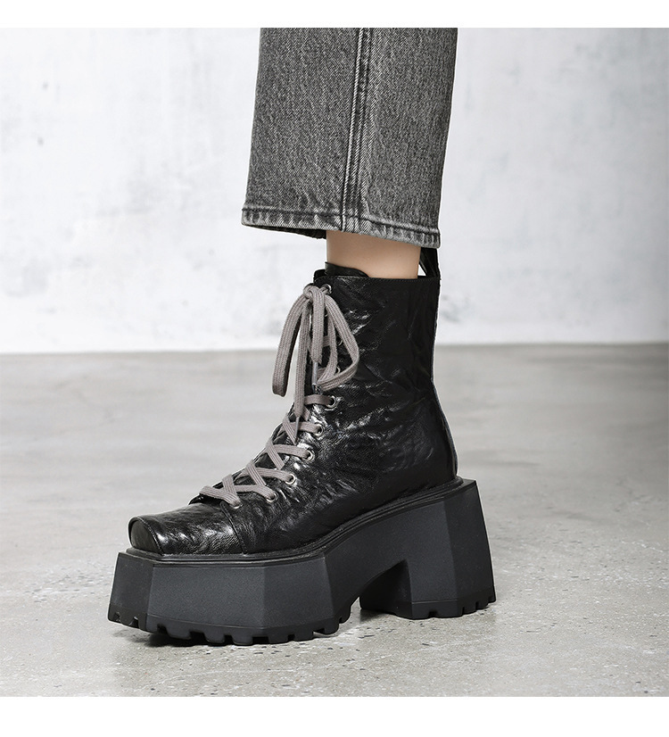 Boot Martin nữ đế dày 9cm mũi vuông gót thô tăng chiều cao — Màu đen lót một lớp, Màu đen lót nhung, Màu nâu lót một lớp, Màu nâu lót nhung
