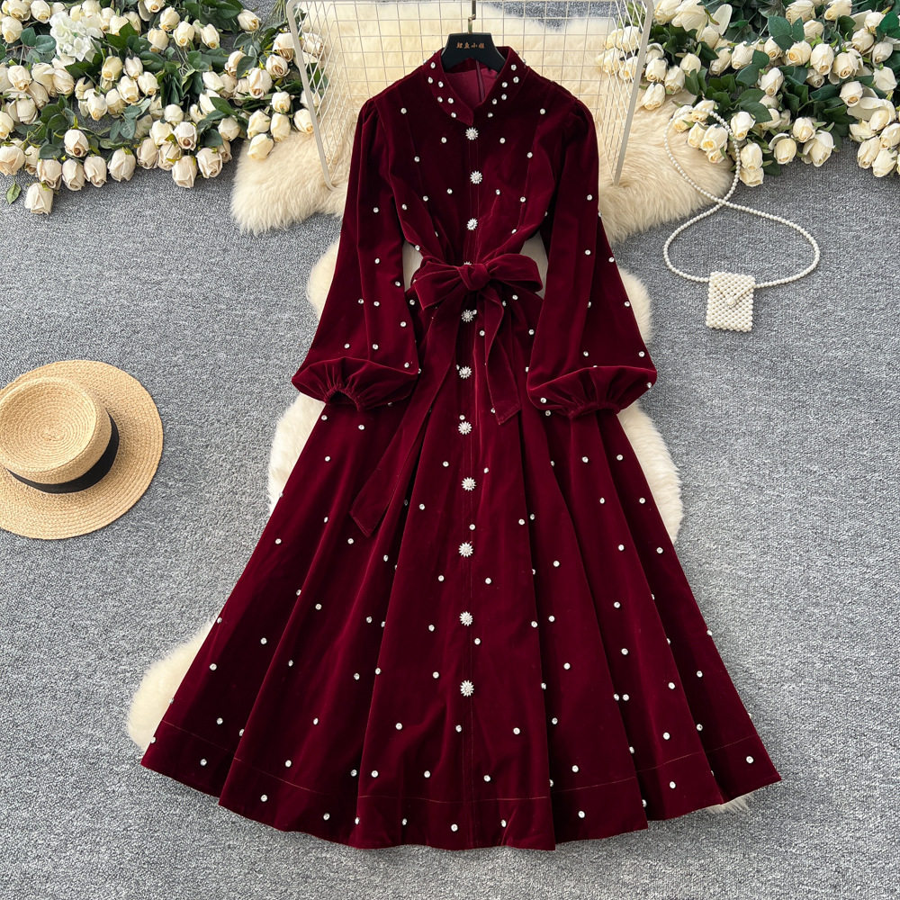 Vintage French Style Velvet Dress High End Embellishments Lantern Sleeves Waist Tie Button Closure Elegant Evening