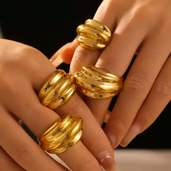 European and American Niche Design Simple Metal Glazed Wave Ring Ins Style Irregular Wide Stacked Index Finger Ring