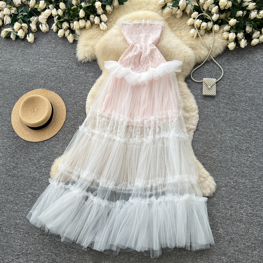 Lace Trimmed Strapless Maxi Dress High Waist Flared Skirt Sleeveless Elegant Design Summer Evening Wear OEM