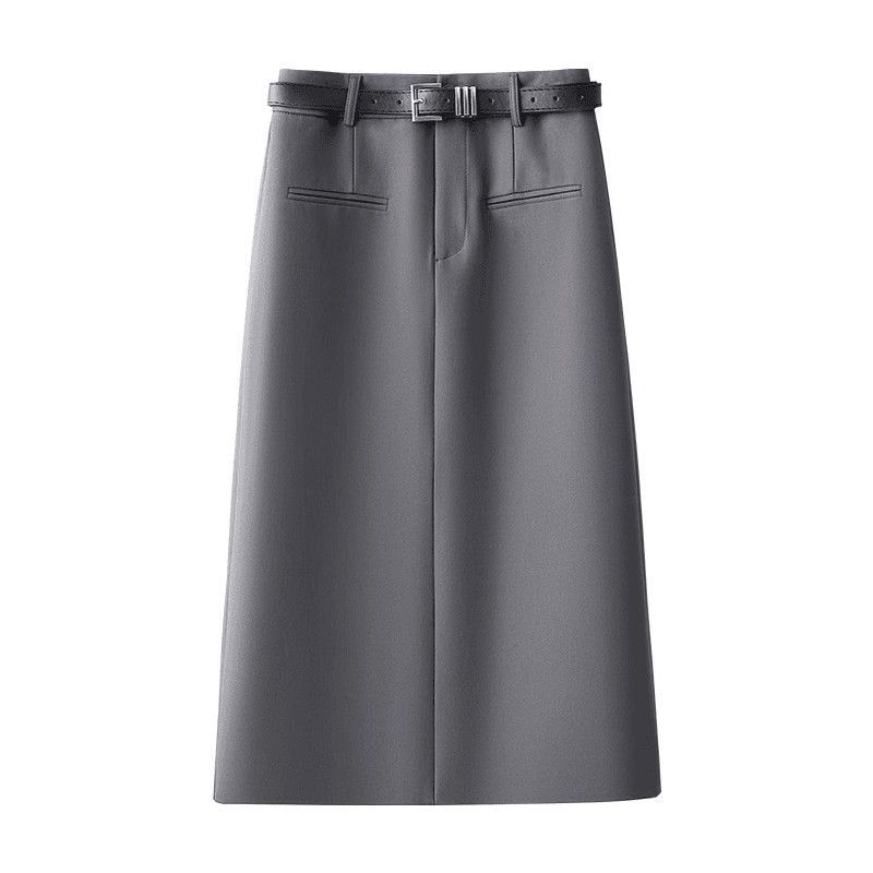 Gray A Line Maxi Skirt Spring Fall Flowy Fabric Slimming Fit Perfect for Casual or Office Wear Wholesale Available