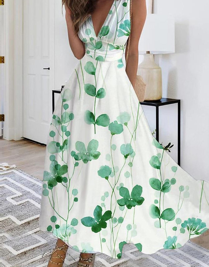 2023亚马逊欧美跨境女装夏季新款V领高腰无袖印花性感背心连衣裙