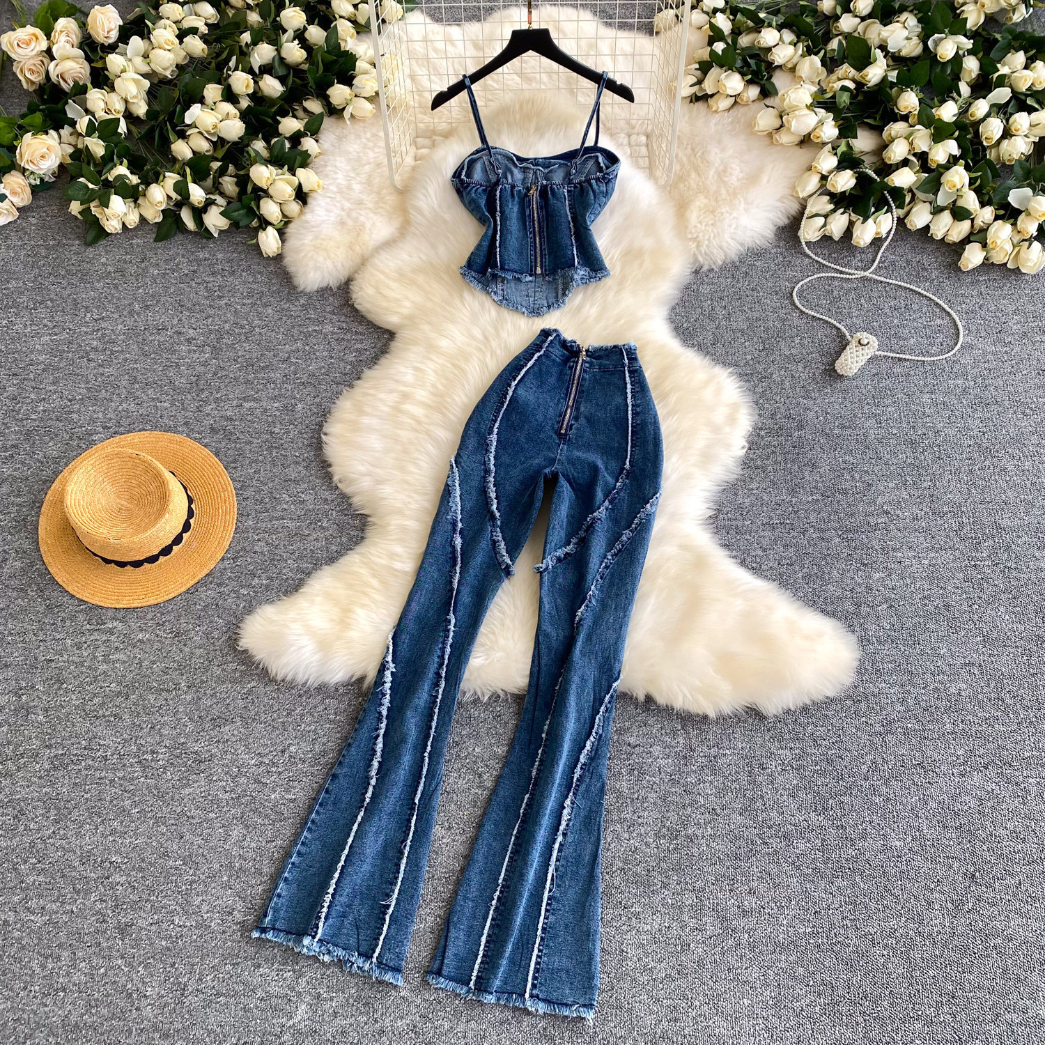 Fashionable Womens Denim Two Piece Set High Waisted Slim Fit Spaghetti Strap Top Trendy Style Perfect for Casual