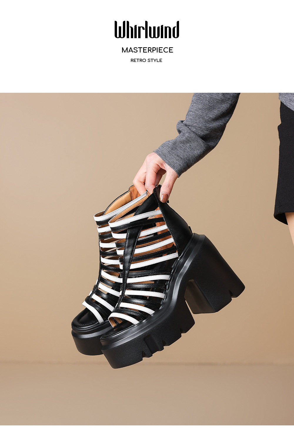 Sandal cao gót nữ mũi hở đế dày 12 cm phong cách La Mã khóa kéo sau — [Đen], [Vàng] chi tiết 11