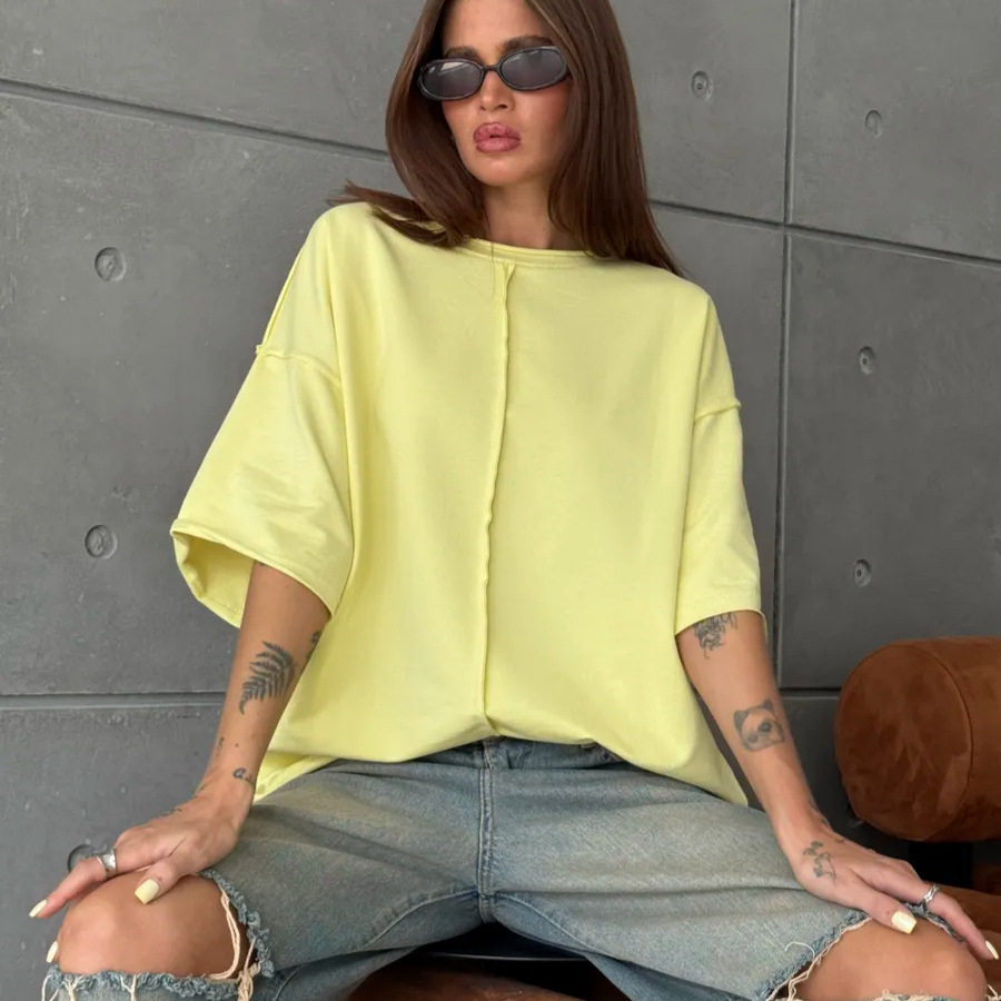 Womens Loose Fit Cotton T Shirt Distressed Short Sleeve Color Block Design Spring Summer Casual Wear Wholesale