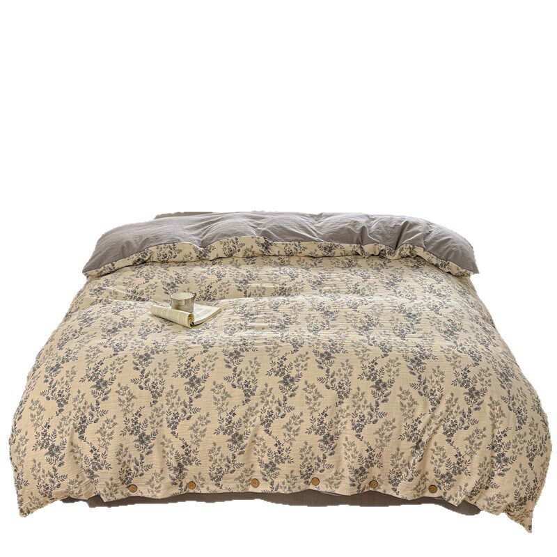 Pure Cotton and Linen Four-Piece Set, Retro Floral Button Style, Cotton Bed Bed Sheets, Quilt Cover, Three-Piece Set, Category a Bedding