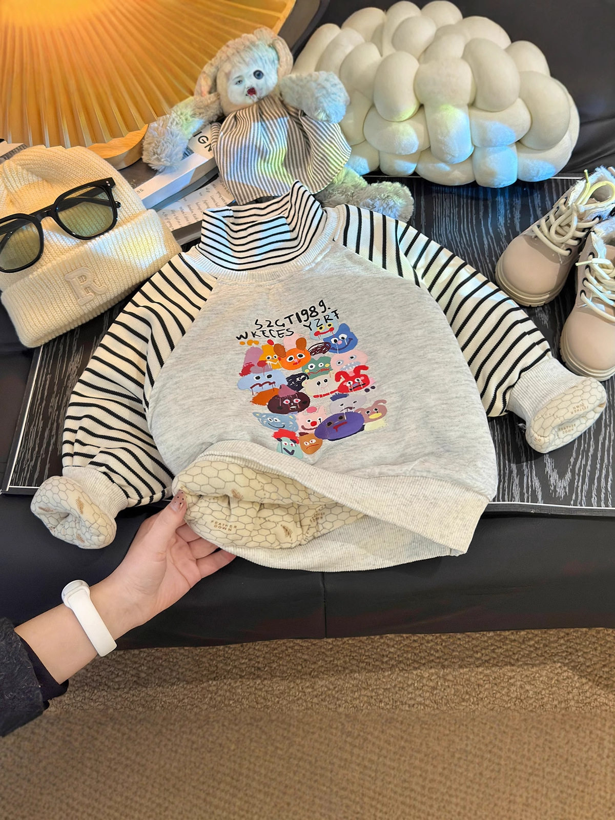 Children's Padded Thickened Top, New Winter Style, Boys & Girls Thermal Casual Striped Half-Turtleneck Undershirt