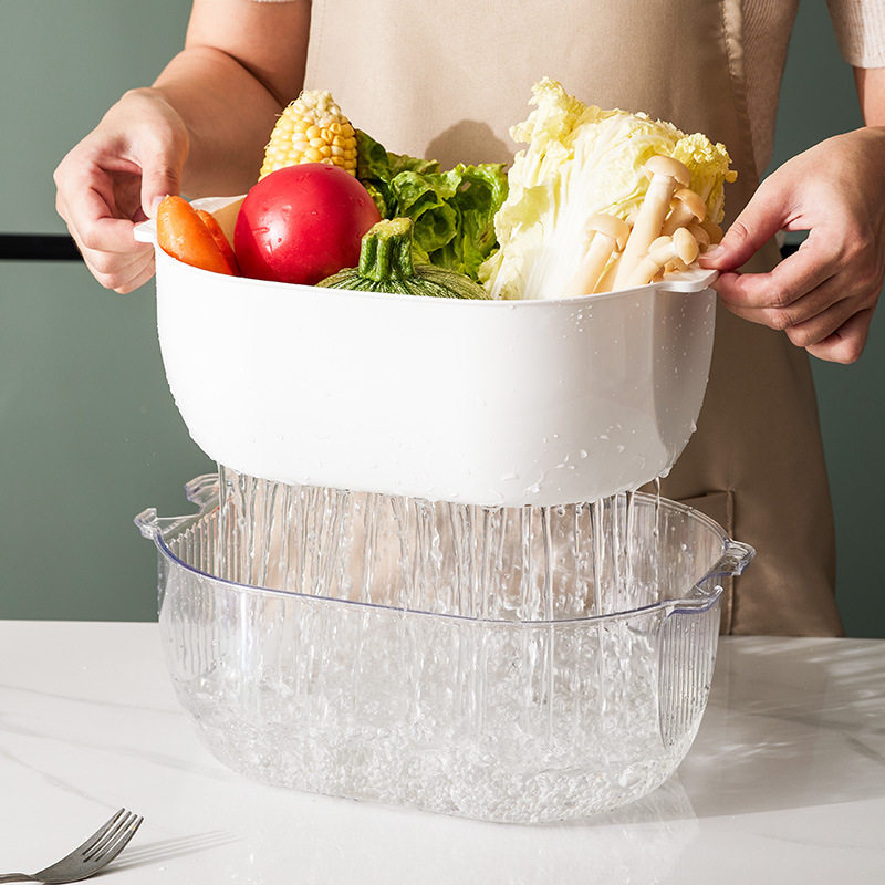 Double-layer Draining Basket Combination Thickened Kitchen Vegetable Washing Basket Set Large-size Round Binaural Vegetable Washing Basket Household Vegetable Washing Basin