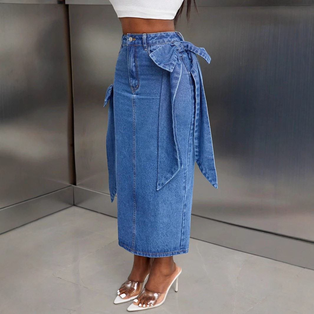 High Waisted Denim Skirt European and American Style Bow Design Color Block Casual Wear for Women Wholesale