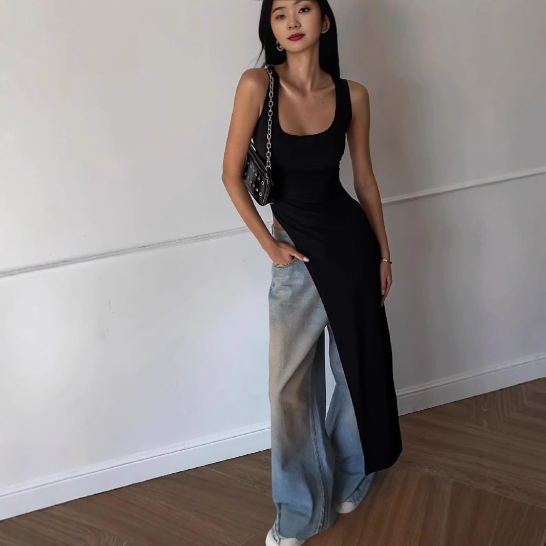 Womens Long U Neck T Shirt Irregular Hem High Slit Solid Color Trendy Autumn Fashion Wholesale Available