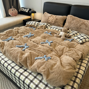 Ins Stereo Bow Thickeneded Warm Rabbit Plush Four-Piece Quilt Cover Milk Coral Velvet Dormitory Three-Piece Set