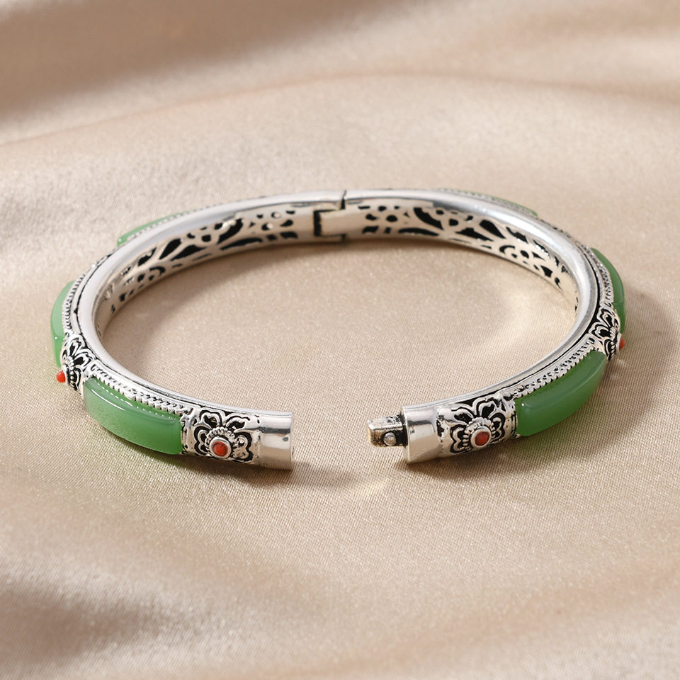Hetian Jade Literary Retro Bracelet Alloy Inlaid with Old Hetian Jade Bracelet Hollow Lace Women's Bracelet Live Broadcast