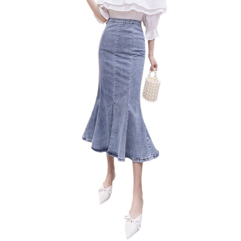 High Waisted Denim Midi Skirt Ruffled Hem Bodycon Fit Stretch Fabric Spring and Autumn Fashion Wholesale Available