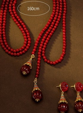 中古vintage新年红色串珠项链毛衣链耳钉套装气质复古流苏琉璃珠