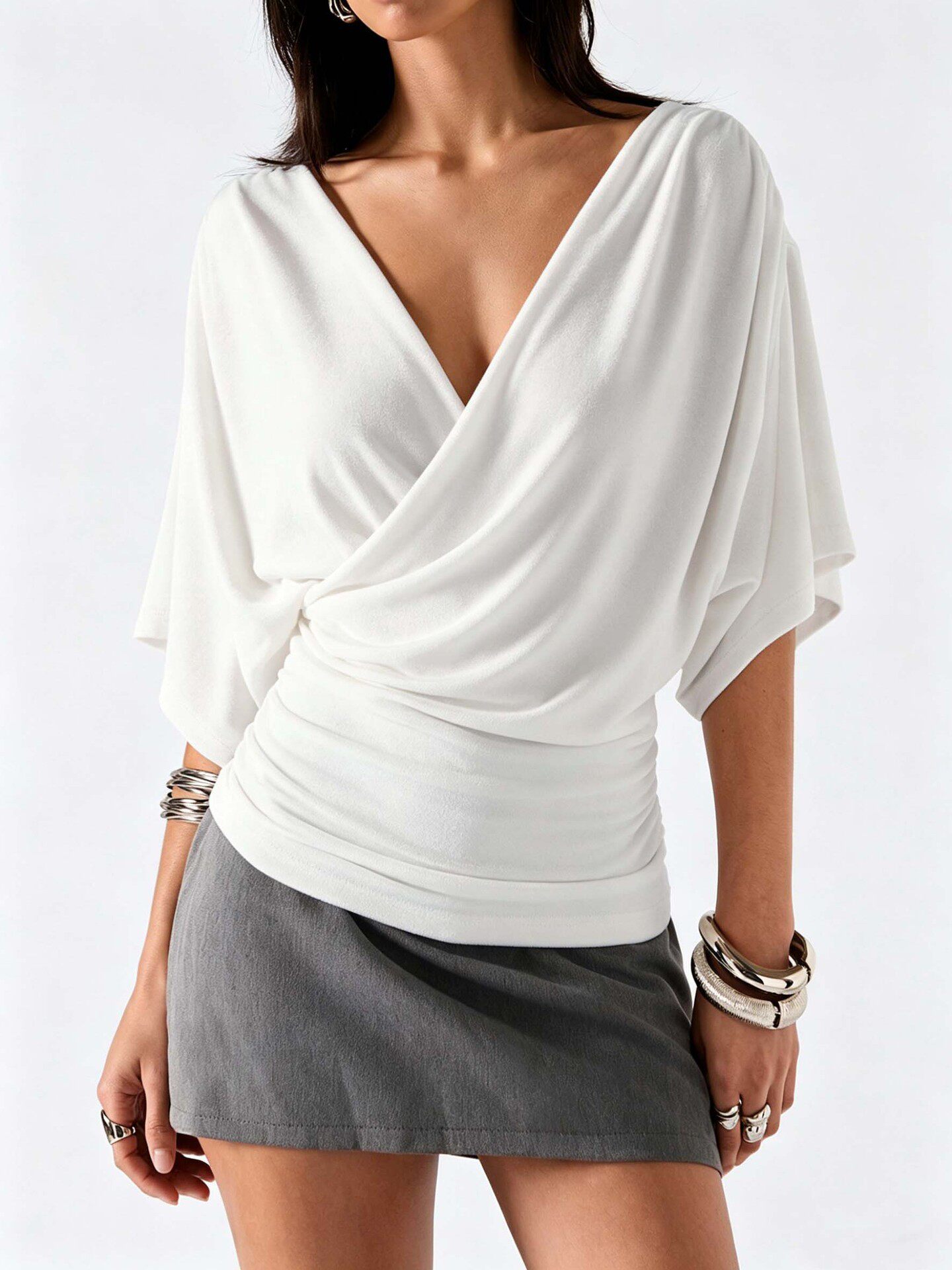 French Style Batwing Sleeve Top V Neck Ruched Waist Slim Fit Elegant Casual Wear for Office Wholesale Available