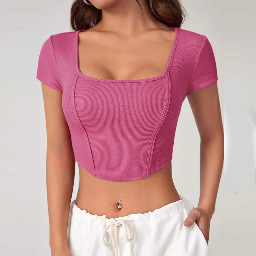 Irregular Square Neck Knit Short Sleeve T Shirt Slim Fit Short Length Stylish Design Casual Wear for Women OEM