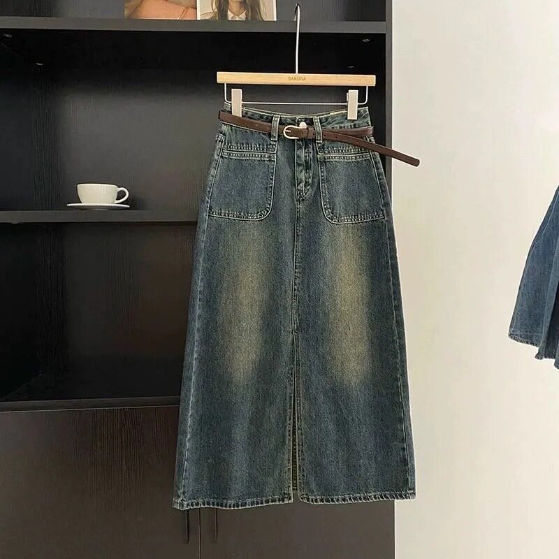 High Waisted A Line Denim Skirt Split Design Mid Length Versatile for Autumn Wholesale Available