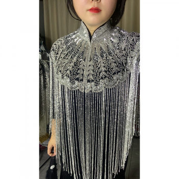 Color Black Background Silver Beads Long Tassel Shawl Heavy Beaded Shawl Catwalk Cheongsam Cloud Shoulder