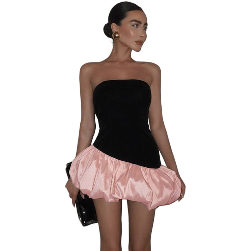 Chic Womens Strapless Color Block A Line Dress Sexy Backless Design Flattering Fit Perfect for Autumn and Winter