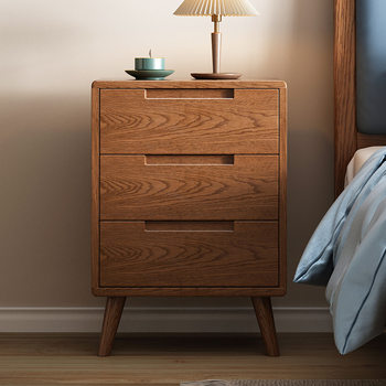 All-Solid Wood Three-Drawer Bedside Cabinet, Oak Solid Wood Storage Cabinet, Nordic Bedroom Storage Cabinet, Chest of Drawers, Fully Assembled Nordic Style