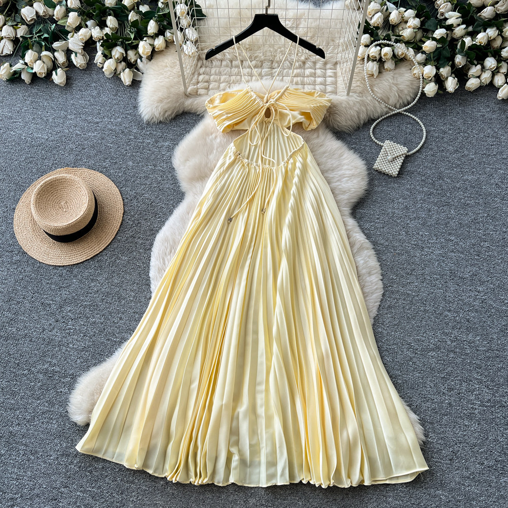 Backless Hollow Out Halter Dress French Beach Vacation Style Elegant Long Maxi for Summer Wholesale Available