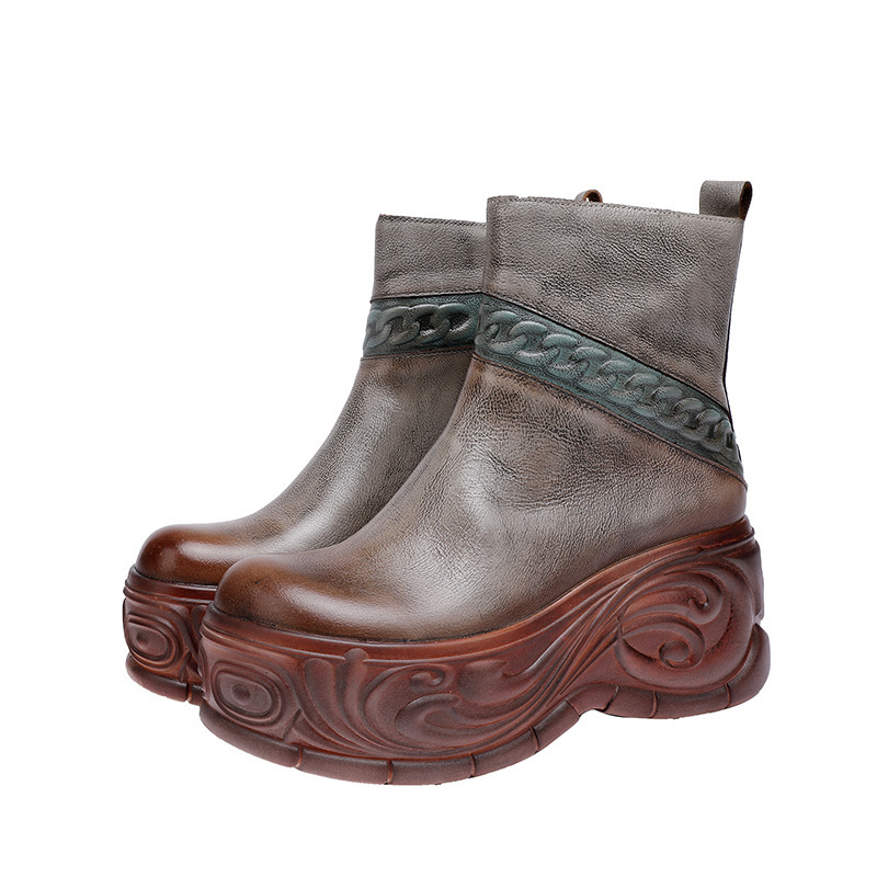 Boot nữ da bò cổ thấp gót cao khóa kéo bên — Màu kaki, Màu xám
