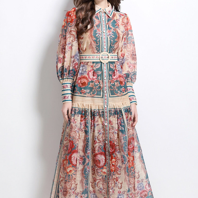 Vintage Floral Print Lantern Sleeve Waist Defined Midi Dress for Women Elegant Slim Fit Classic Style Perfect for