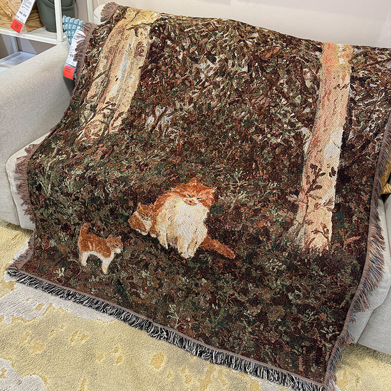 Retro Oil Painting Style Cartoon Cat Blanket Jacquard Knitted Cotton Thread Blanket Sofa Blanket Single Cover Blanket Wall Tapestry