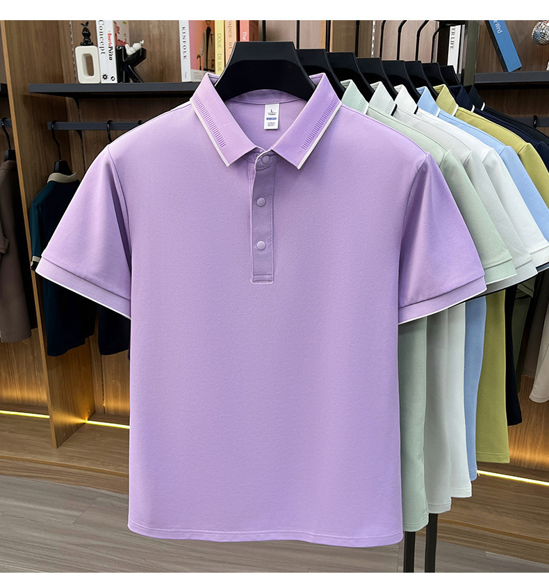 Áo polo nam Leishibert pha cotton lụa tơ tằm, tay ngắn co giãn thoáng mát mùa hè — Xanh biển, Xanh đậu nhạt, Vàng mạch nha, Đen bóng tối