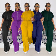 10163 cross-border European and American Amazon summer drawstring short top high waist split women's trousers fashion two-piece 