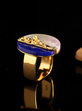 银镀金青金石方形戒指手饰开口