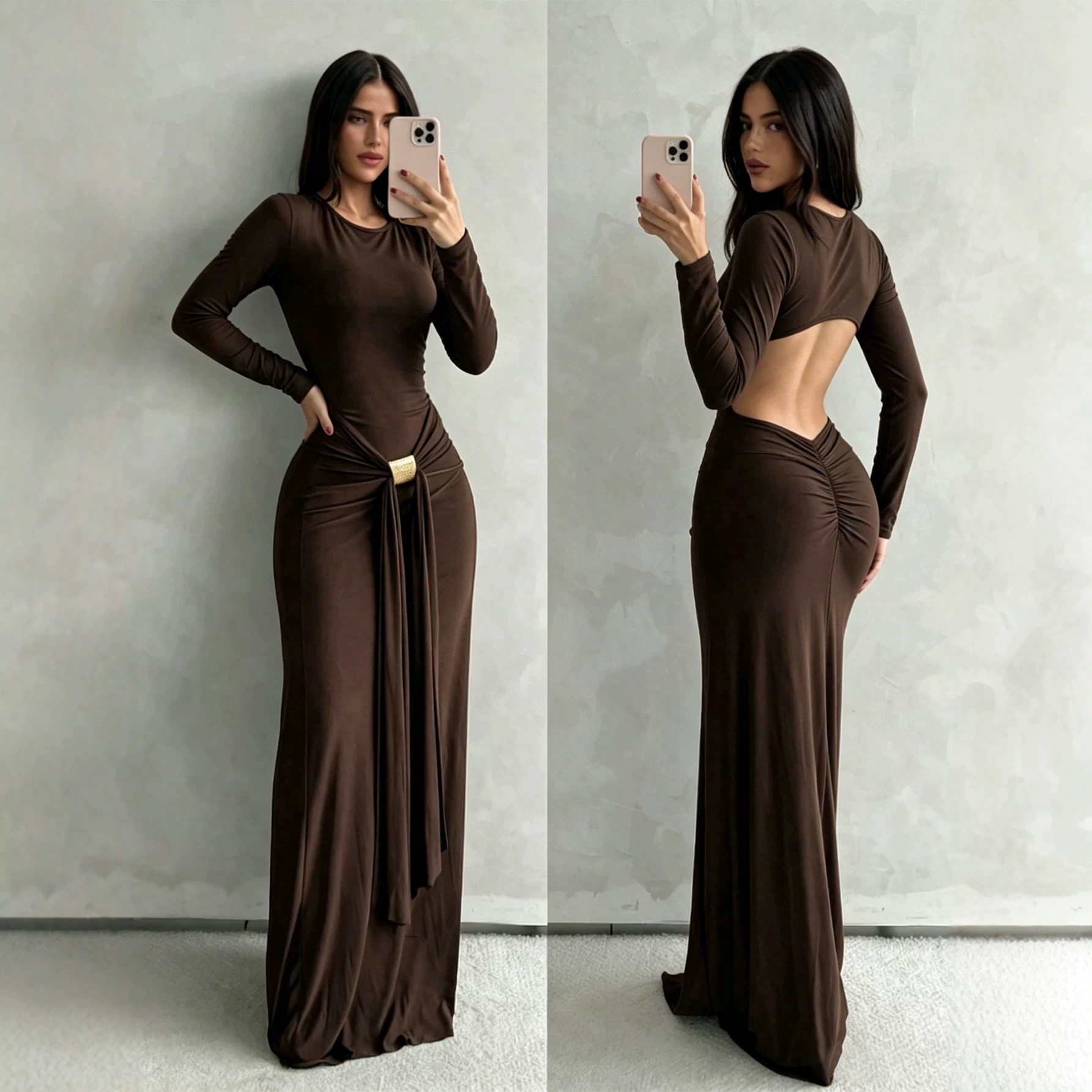 Long Sleeve Backless Maxi Dress Metal Buckle Ruched Bodycon Fit Sexy Style Perfect for Evening Events Wholesale