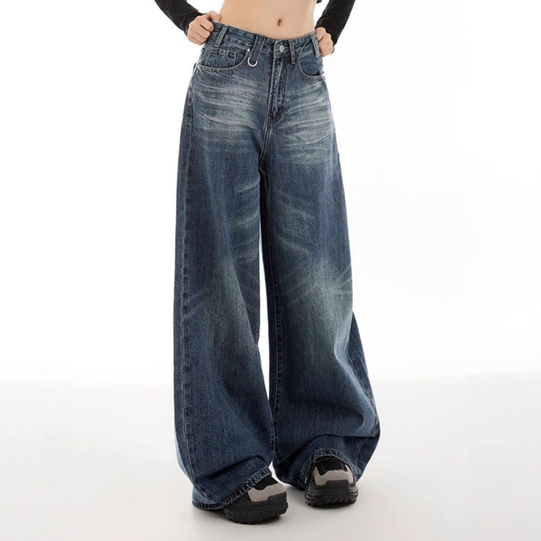 Wide Leg High Waisted Denim Trousers Vintage Style Versatile Design Comfortable Fit Casual Wear Ready to Ship
