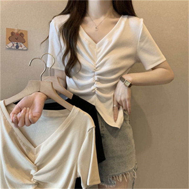 Plus Size Womens V Neck Ruched Slim Fit Short Sleeve T Shirt Unique Design Casual Wear