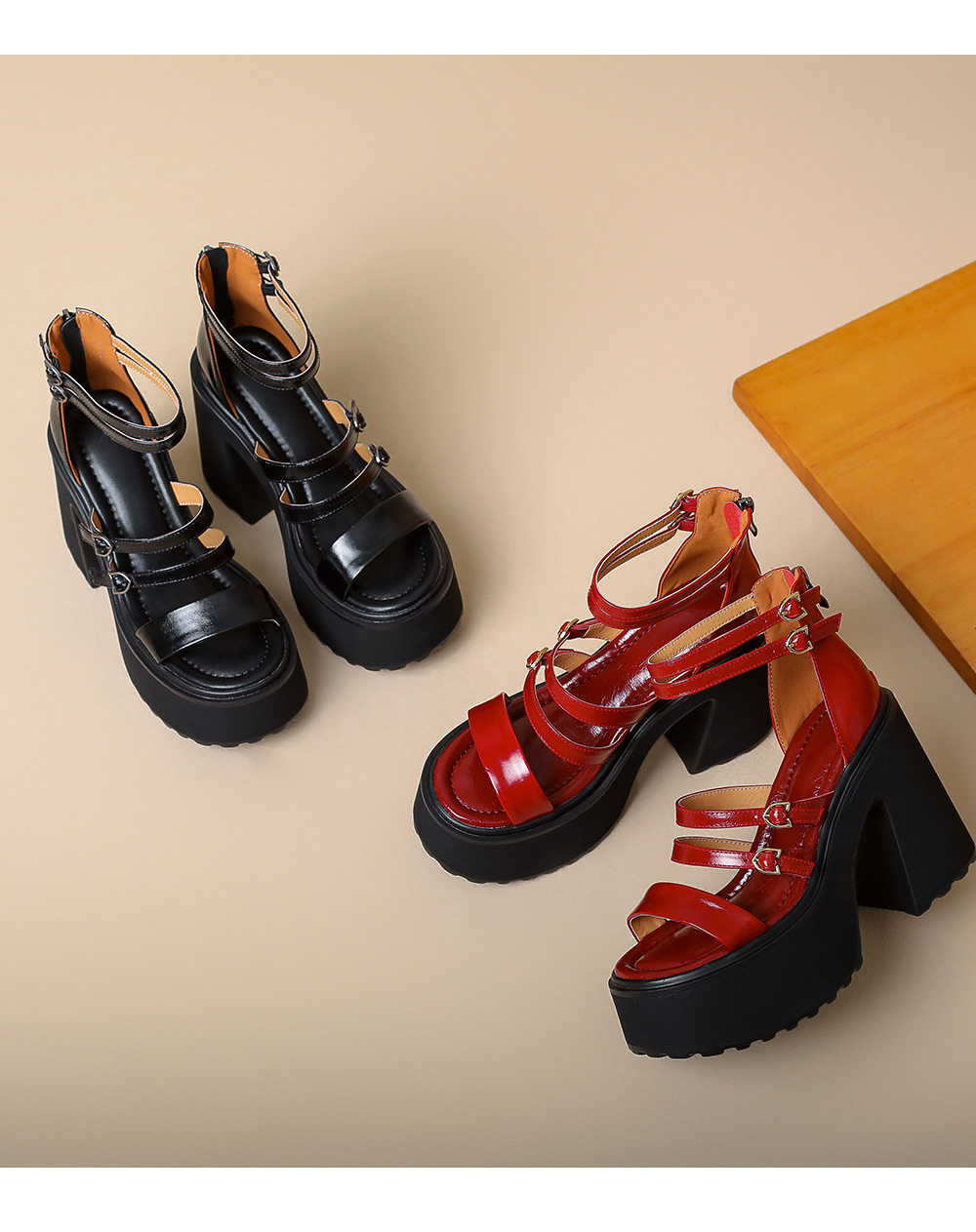Sandal cao gót nữ hở mũi đế xuồng 12 cm phong cách La Mã — [Đen], [Đỏ] chi tiết 12