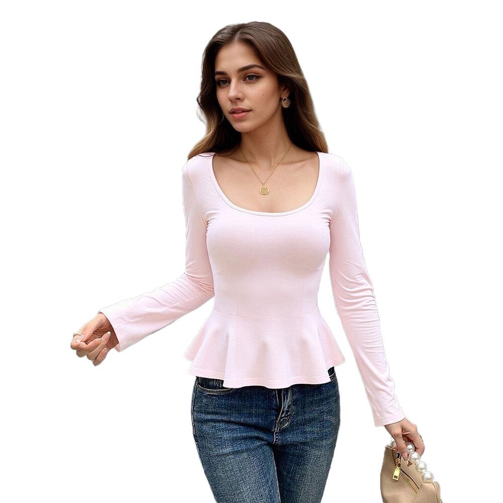 U Neck Long Sleeve T Shirt Slim Fit Ruffle Hem Soft Fabric Casual Wear for Women Wholesale Available