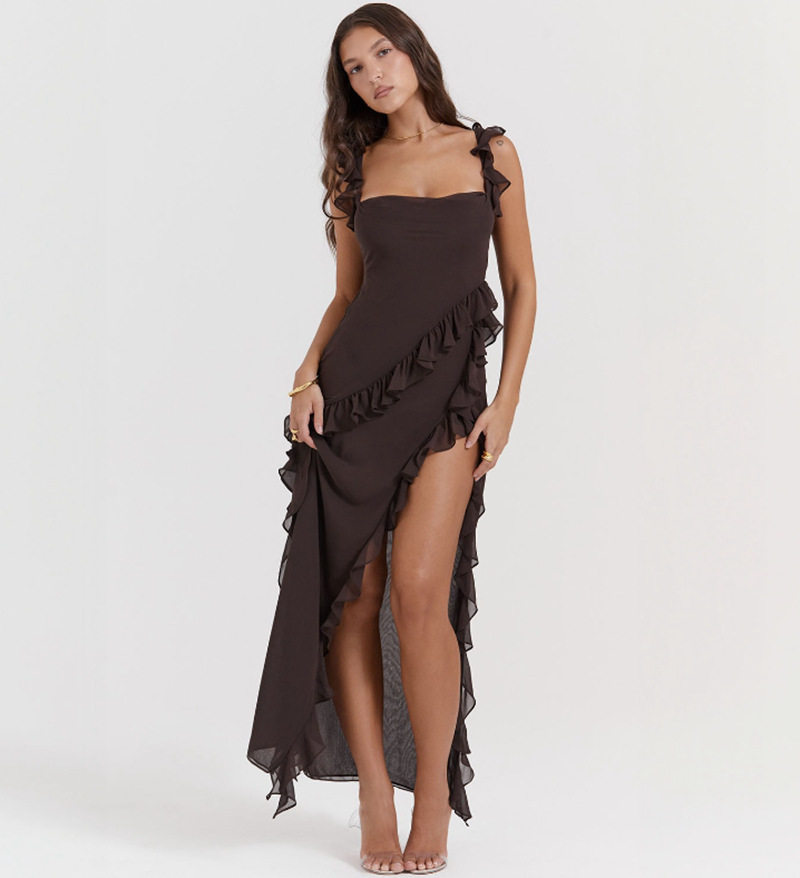 Womens Elegant Split Hem Dress Ruffle Trim Fashionable Sexy Autumn Collection Wholesale Available